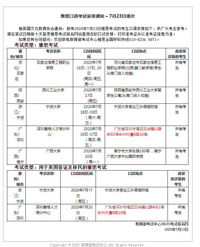 雅思口語考試安排通知