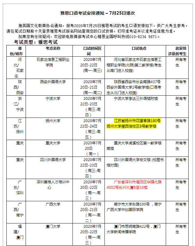 雅思口語考試安排通知